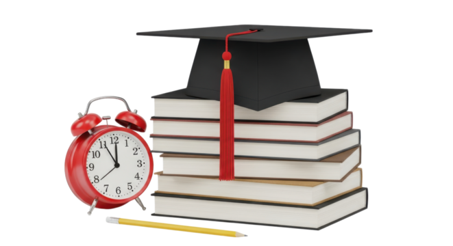 Graduation cap books alarm clock pencil isolated on a transparent background stack of books - Powered by Adobe