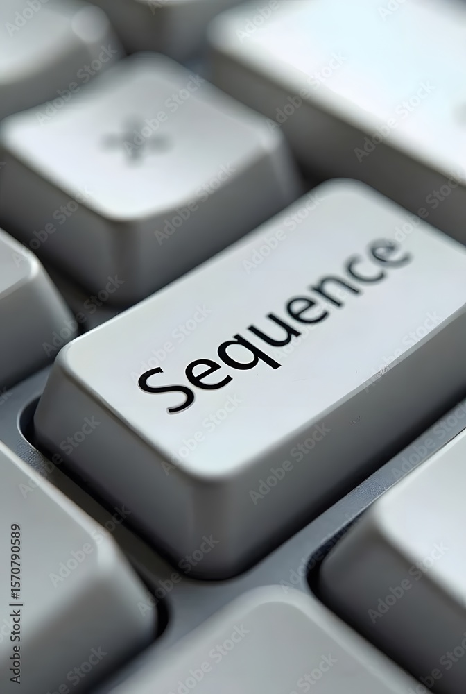 Poster closeup of a keyboard key with the word sequence, vertical composition. the image showcases a clean,