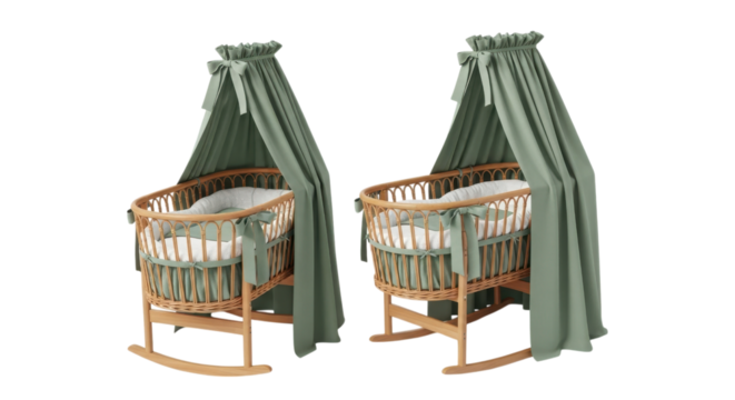 Wicker bassinet with sage green canopy isolated on a transparent background baby cradle