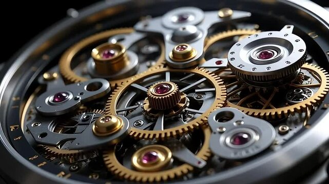 Close examination reveals the exquisite mechanism of a watch, showcasing its precise gears and intricate mechanical movement. - Powered by Adobe