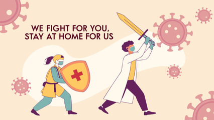 Obraz premium A healthcare worker and a superhero stand united against viruses, emphasizing the importance of staying at home.