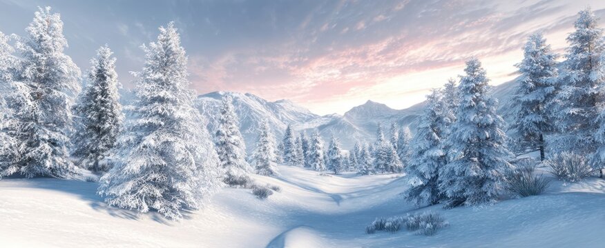 The breathtaking winter landscape of snow-covered trees and mountains.