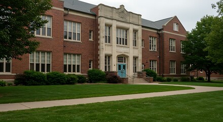 Campus Building with Classic Architecture and Green Lawn on Cloudy Day