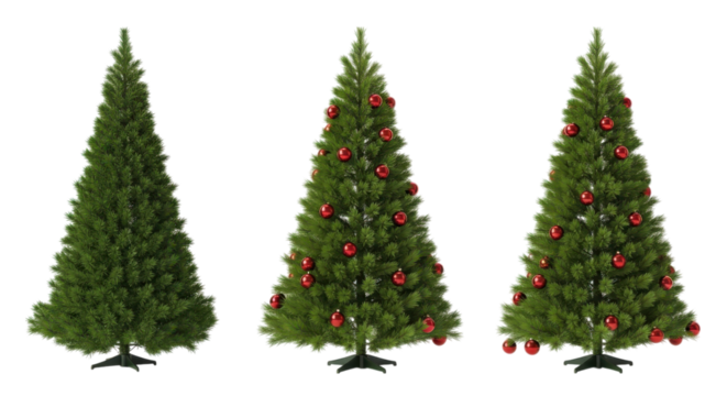 Green Christmas trees with red ornaments isolated on a transparent background evergreen