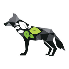 Obraz premium Geometric wolf with green and white leaves polygon abstract