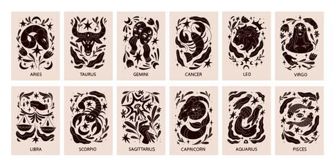 Zodiac signs, astrology cards set. Horoscope symbols on posters. Aries, libra, aquarius, virgo, scorpio, gemini, taurus and pisces silhouettes, celestial esoteric designs. Flat vector illustration