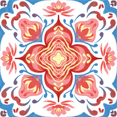 Watercolor decorative ornament on isolated background. Symmetric seamless batik floral mandala tribal ethnic pattern for fabric textile card wrapping wallpaper