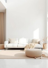 A minimalist living room with a white sofa soft beige throw blankets and a neutral color palette Empty room interior design architecture blank design room