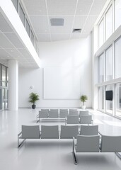 Modern hospital waiting area with clean white walls large windows and a blank canvas on the wall ready for informative displays or soothing artwork Empty room interior design Ultra realistic Pho