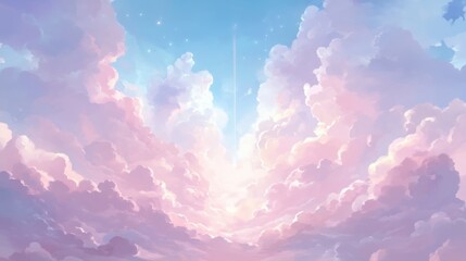 Sky full of fluffy clouds painted in pastel shades of pink and blue with ethereal light
