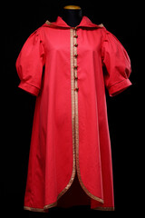 Bright red ancient coat with golden trims and buttons displayed on a black background, showcasing...
