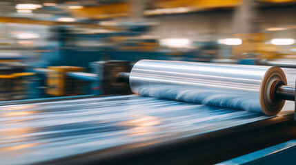 Fototapeta premium Transparent plastic sheeting rolls over cylindrical steel drum in factory, warm reflections of light create layered textures in polyethylene bag fabrication process