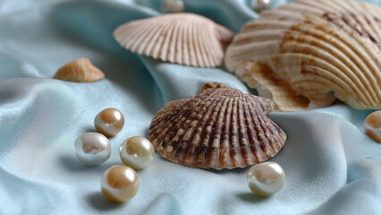 Multiple seashells and scattered pearls rest on pale blue silk fabric in a soft, elegant arrangement. Gentle lighting and smooth textures evoke ocean treasure, serenity, and refined beauty.