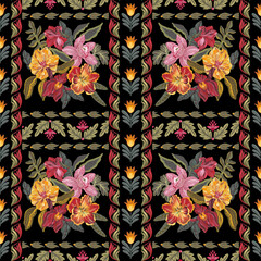 Watercolor drawing. Seamless floral pattern with bright colorful flowers and leaves. Elegant template for fashion prints. Modern floral background. Fashionable folk style
