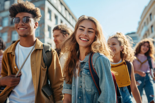 Group of happy student friends walking in the city, relaxing on vacation. Holiday activities concept