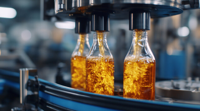 High-speed bottling machine fills amber liquid into glass containers, synchronized nozzles and rotating carousel work in harmony