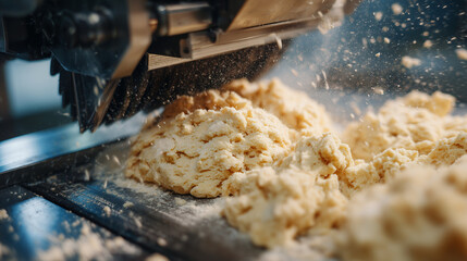 Precision cutter slices dough into perfect biscuit shapes, flour particles scatter in soft air as mechanism repeats rhythmic motion