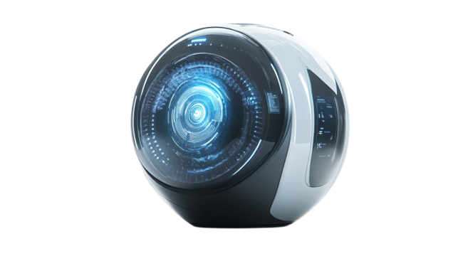 • A futuristic energy-efficient washing machine with smart features, isolated on white background in HD 