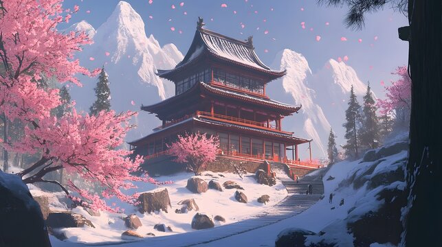 A magnificent winter temple nestled amongst snowy mountains and blossoming cherry trees.