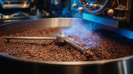 Close-up of coffee roasting drum turning aromatic beans in cloud of steam, color changing from light brown to rich dark