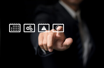 Businessman Presenting Workflow Steps with Calendar Icons for Project Management and Task...
