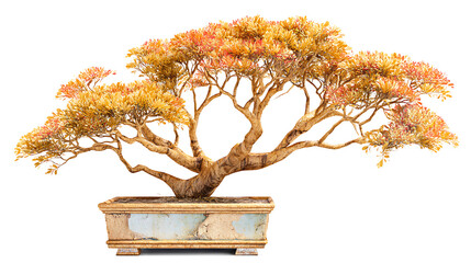Miniature Bonsai Tree with Fall Foliage in Rectangular Container