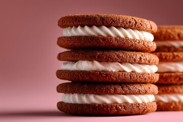 Overhead view of sandwich cookies with white cream filling, neatly stacked on a plain background with soft lighting and clean composition.