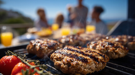 Close-up of burgers and sausages searing on beachside grill, tomato slices layered on top, glass of orange juice resting on picnic table, family laughter in background