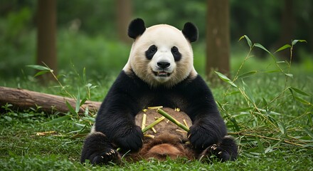 Naklejka premium Giant Panda Enjoying a Bamboo Snack in a Lush Forest Setting A Moment of Tranquility and Natural Beauty