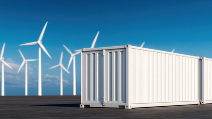 Fototapeta premium White shipping containers on a dark surface with multiple wind turbines in the background under a clear blue sky.