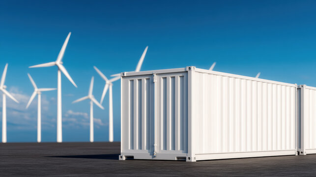 White shipping containers on a dark surface with multiple wind turbines in the background under a clear blue sky.