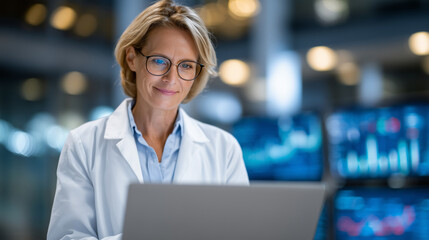 Female doctor wearing lab coat and glasses concentrates on laptop screen, digital dashboard with patient analytics visible, surrounded by modern clinical tools