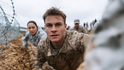 Soldiers in camouflage uniforms charge through a muddy obstacle course during military training, scaling walls and crawling under barbed wire.