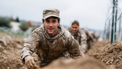 Soldiers in camouflage uniforms charge through a muddy obstacle course during military training, scaling walls and crawling under barbed wire.