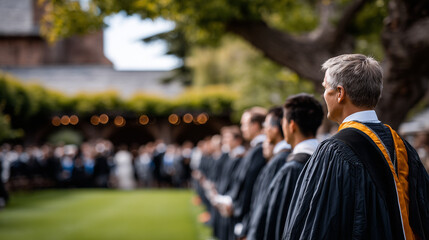 Graduates from diverse backgrounds stand in line, robes fluttering in soft breeze, sunlight filters through trees onto campus lawn during heartfelt commencement ceremony