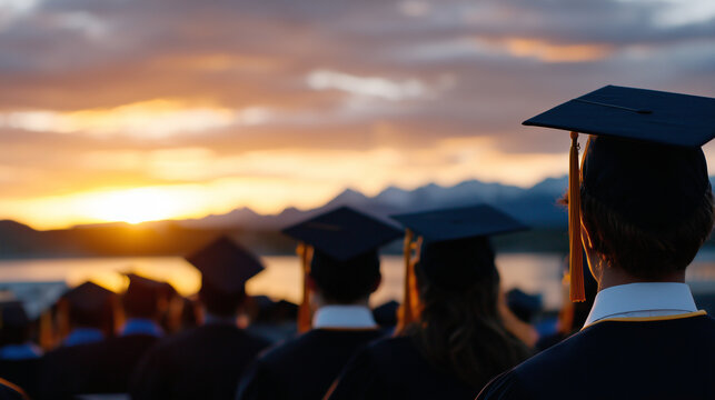 Silhouetted backs of graduates in caps and gowns framed by sunrise over distant mountains, symbolizing hope, success, and limitless possibility