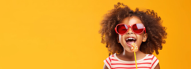  Cute pretty curly little African american child girl wearing sunglasses, posing and laughing. to camera with colorful lollipop on yellow background. Happiness, childhood banner with copy space.