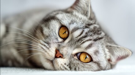 The captivating close-up of a relaxed silver cat with striking eyes.