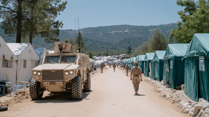Wide-angle view of a military base camp in desert terrain featuring rows of green canvas tents, an armored vehicle, soldiers walking amid tents under harsh sunlight with minimal vegetation and rugged,