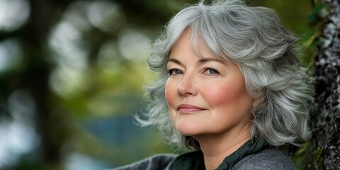 Naklejka premium Mature woman with silver hair gazes thoughtfully, radiating charm and inner strength.