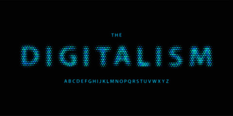 Halftone dot alphabet, glowing pixel sans serif lettering, futuristic digital font for sci-fi tech logo, cyber AI headline, abstract pointed typography, data-driven typographic design. Vector typeset