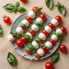 Italian caprese skewers with mozzarella, tomatoes, and basil on a plate.