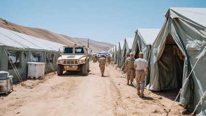 Wide-angle view of a military base camp in desert terrain featuring rows of green canvas tents, an armored vehicle, soldiers walking amid tents under harsh sunlight with minimal vegetation and rugged,