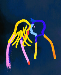 Beloved in profile, looking at each other, lavender naive style, positive colors on a black background, illustration