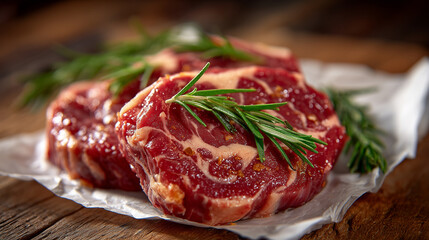 Obraz premium Slices of beef with visible fat ribbons on white paper, garnished with rosemary, composition highlights freshness, savory anticipation builds