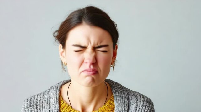 Young woman face expression shows sensory discomfort emotion with scrunched face closed eyes wearing yellow sweater gray cardigan