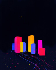 Night city, lavender naive style, positive colors on black background, illustration