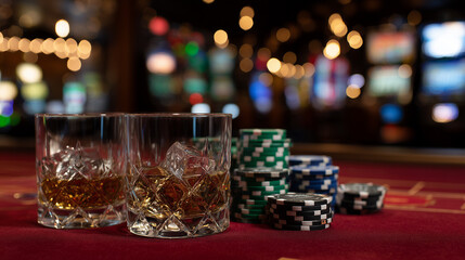 Close-up of whiskey glasses filled with amber liquid beside stacks of colorful poker chips scattered on a plush red casino table, dim nightclub lighting creating warm reflections