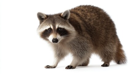 A raccoon stands alert in the wild. This curious creature is known for its distinctive mask-like facial markings. Perfect for nature lovers and wildlife photography. AI