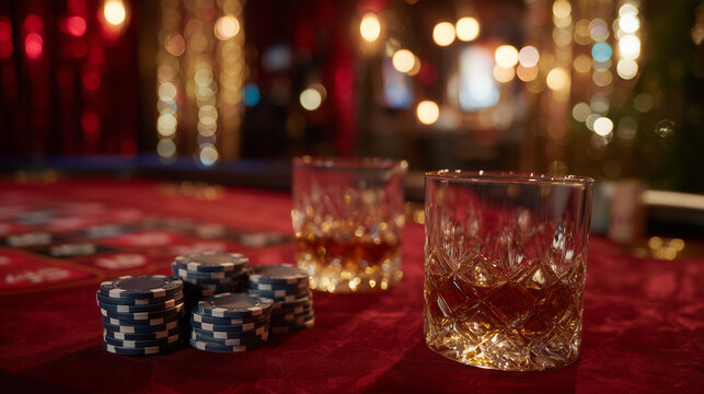 Opulent poker night captured with glowing whiskey glasses, neat stacks of poker chips on red table, sleek casino backdrop with hints of velvet curtains and chandelier lights